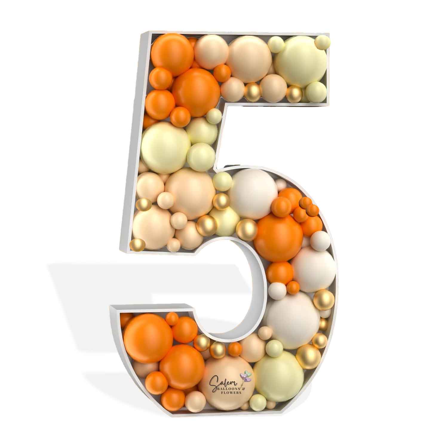 Mosaic Balloon number 5 in orange, yellow and blush color pallet. Salem Oregon balloon Decorations services.