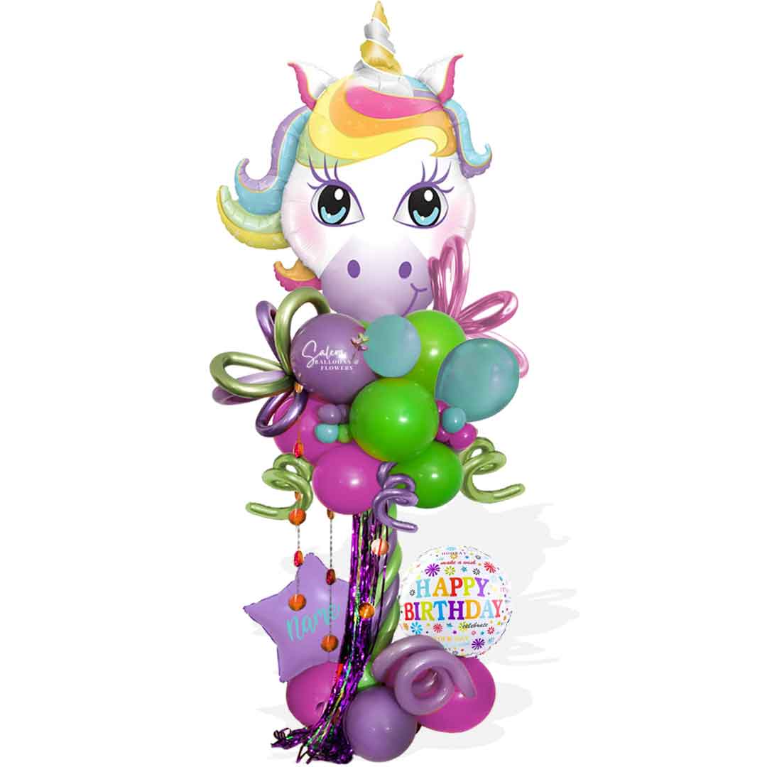 pastel colors unicorn themed balloon column. Balloon decor in Oregon