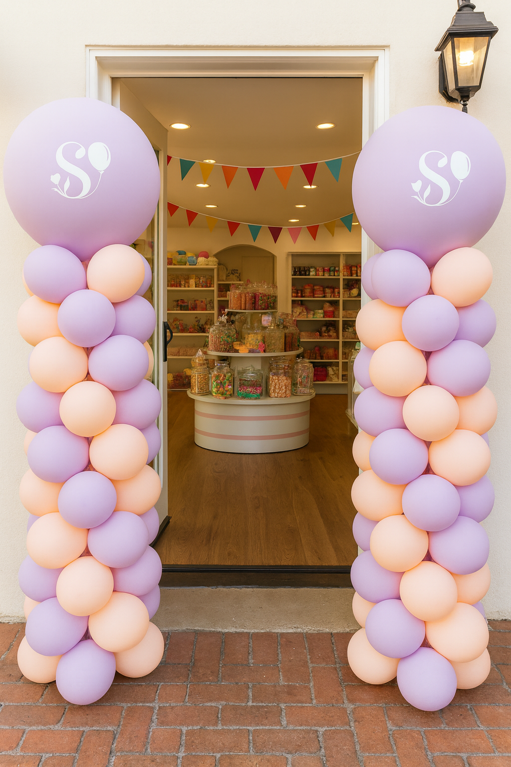 2 round top balloon columns in pastel colors framing the entrance of a candy store. Balloon Decor. Oregon.