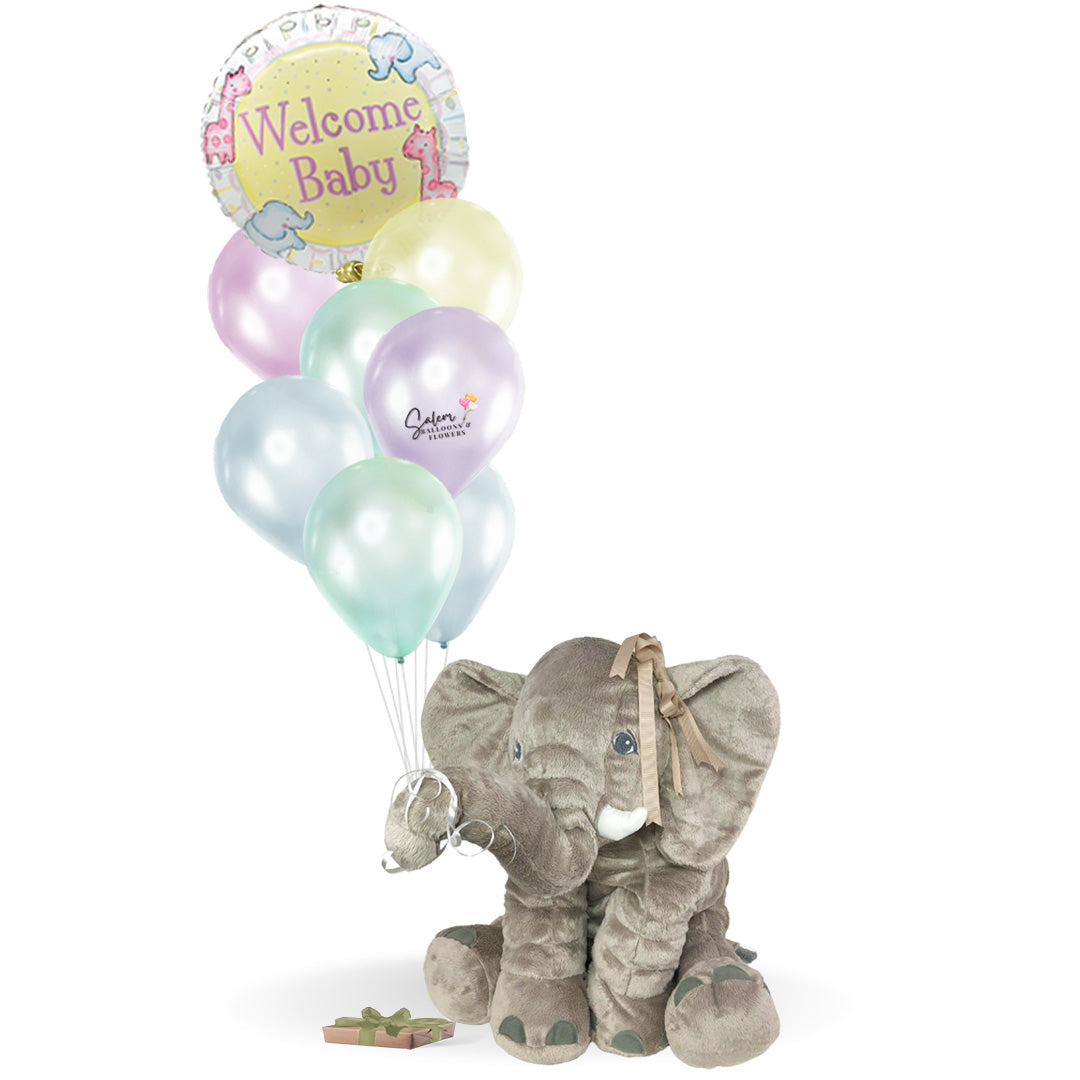 Welcome baby balloons. Tender elephant plush with balloons. Balloon delivery in Salem Oregon and nearby cities.