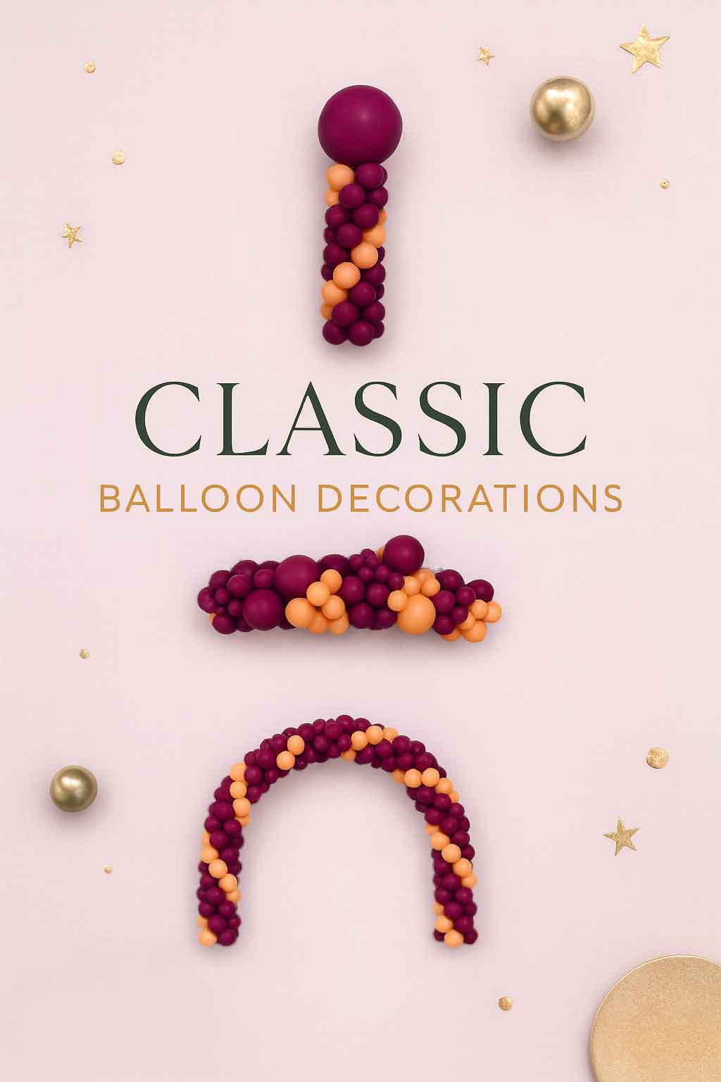 An organic balloon garland, a balloon column, a balloon arch, a balloon wall and helium balloon bouquet on a white background. Classic Balloon Decorations Oregon.