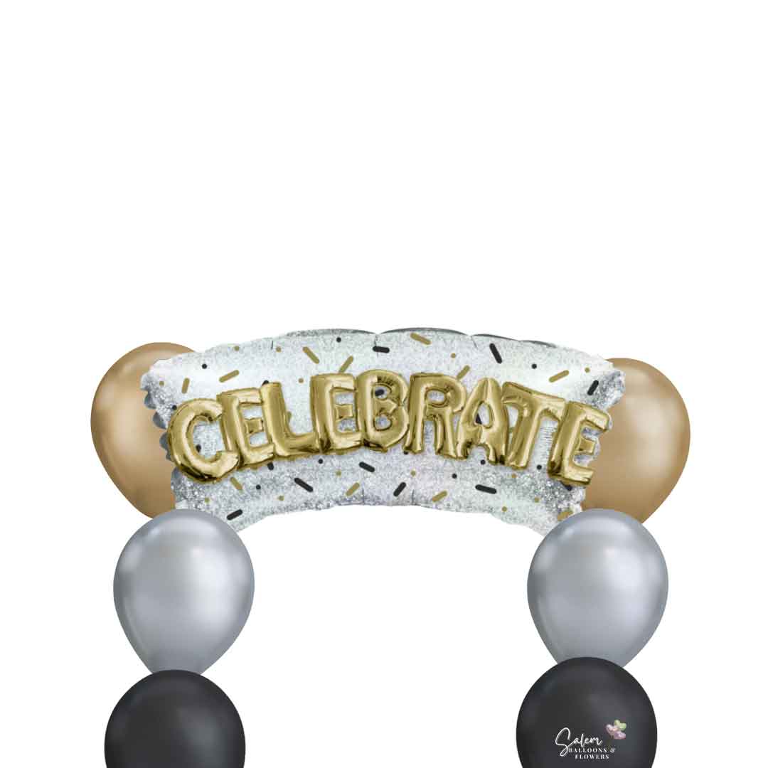 Celebrate balloons Presenting a luxurious combination of silver, gold and black balloons, plus a Celebrate balloon sign, all anchored to shimmering balloon weights. Congrats balloons Salem Oregon and nearby cities.