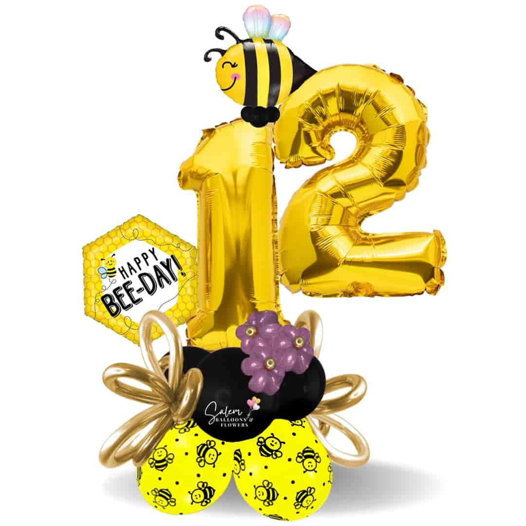 Gold number balloon with a Happy Bee-day theme. Balloons Salem Oregon and nearby cities.