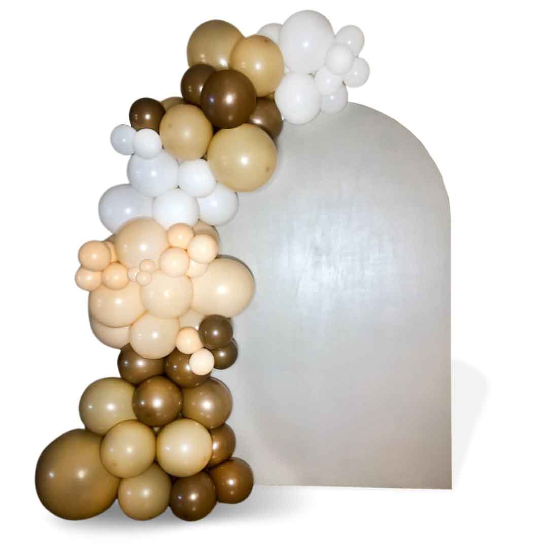 Organic balloon garland in brown, beige, blush and white decorating a single arch panel for Balloon decor. Oregon Balloon Decor.