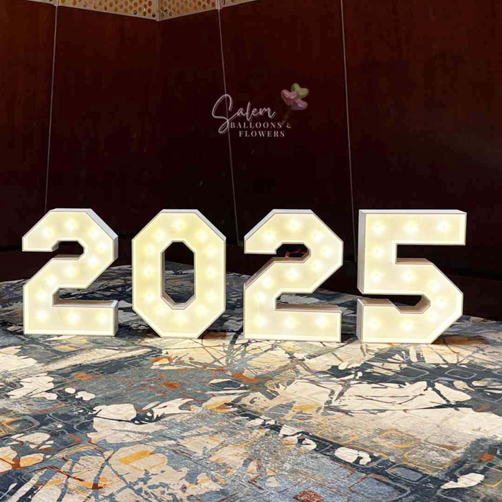 Light-up numbers '2025' on a decorative surface with a dark background. Oregon party rental.

