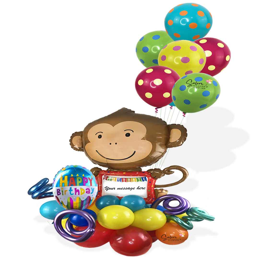 Large Balloon Bouquet with colorful balloons, featuring a Monkey balloon with a whiteboard ready for you to write your message. Delivery in Salem Oregon and nearby areas.