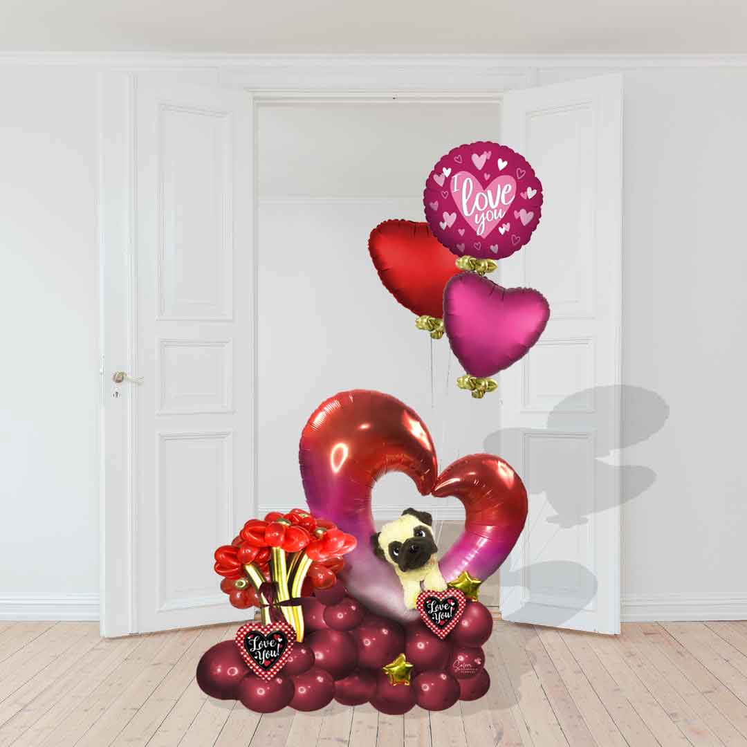 Valentine's Day balloon bouquet with a pug dog plush poking out through an open heart balloon. Size chart. Salem Oregon balloon decorations
