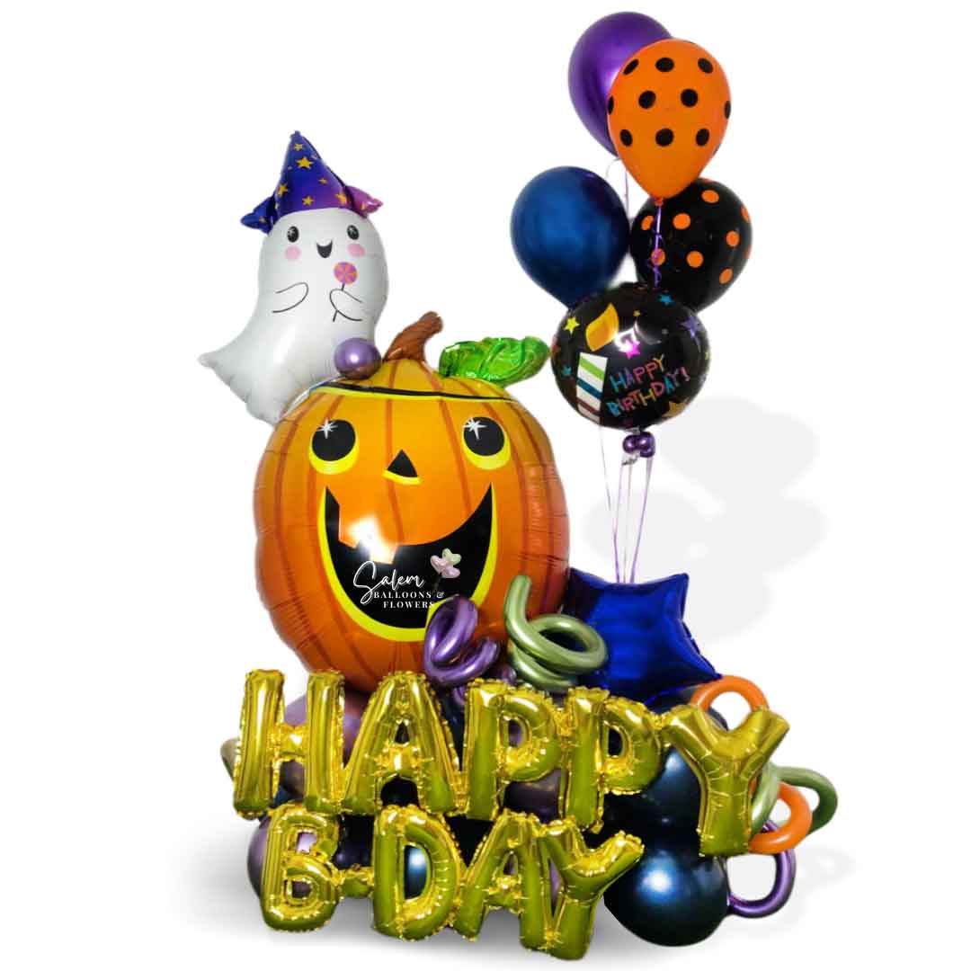Halloween themed birthday balloon bouquet, with a pumpkin head and a cute ghost balloon and a happy birthday message. Oregon 
Balloon delivery