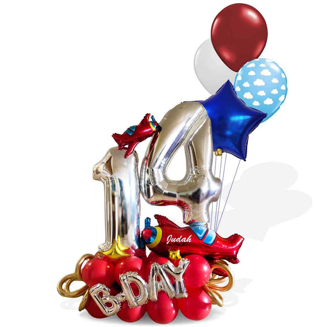 Airplane themed number balloon bouquet in vibrant colors with a set of helium balloons. Delivery in Salem Oregon and nearby cities.