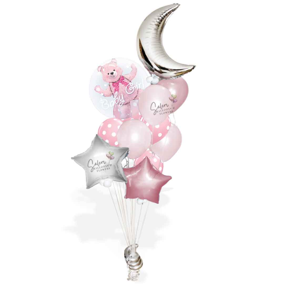 It's a Girl Balloon bouquet in silver, pastel pink and white. Featuring a stuffed bubble balloon with a pink teddy bear, a large moon and stars. Balloon delivery in Salem Oregon and nearby cities.