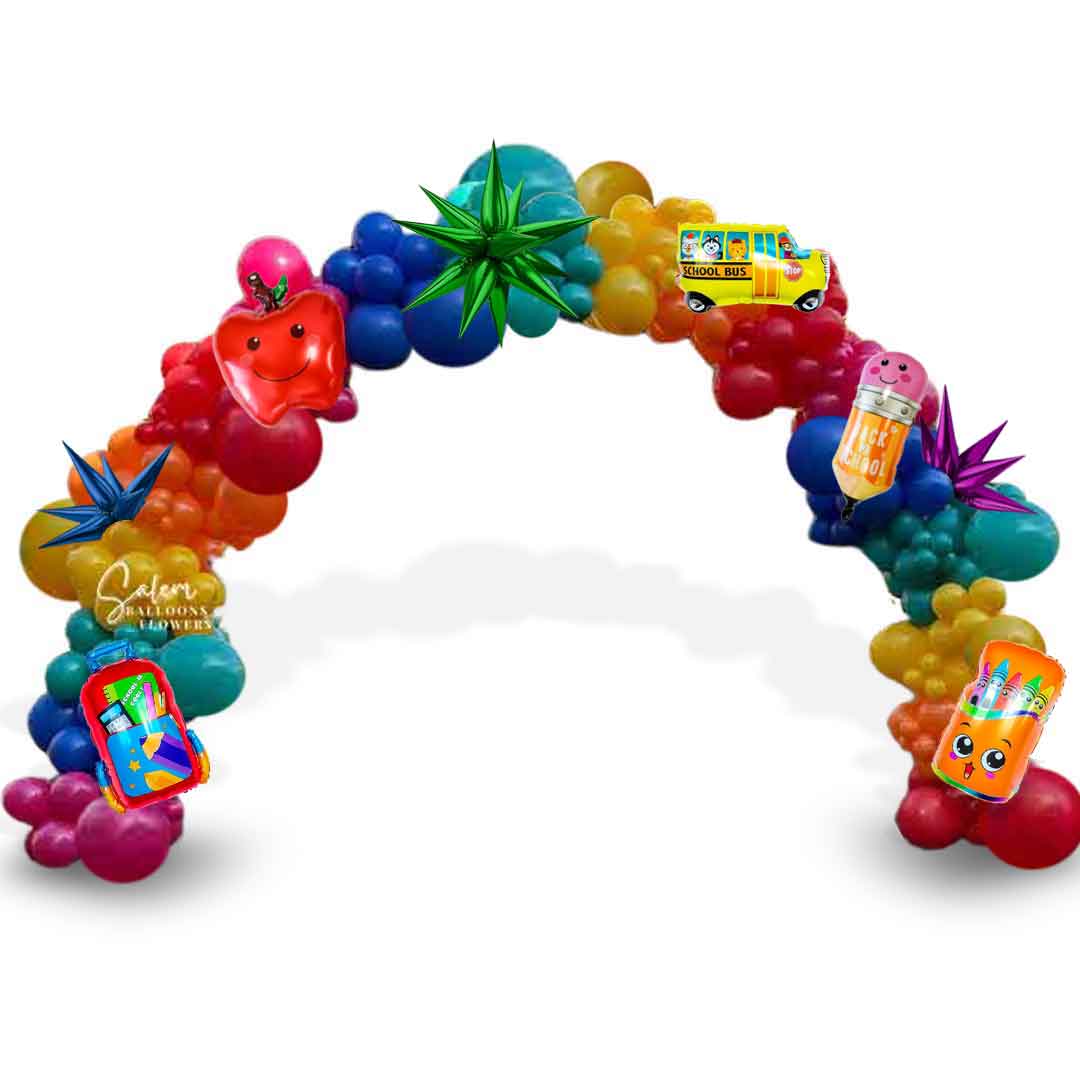 Colorful balloon arch with toys and decorations on a white background. Back to school balloon arch. salem. oregon