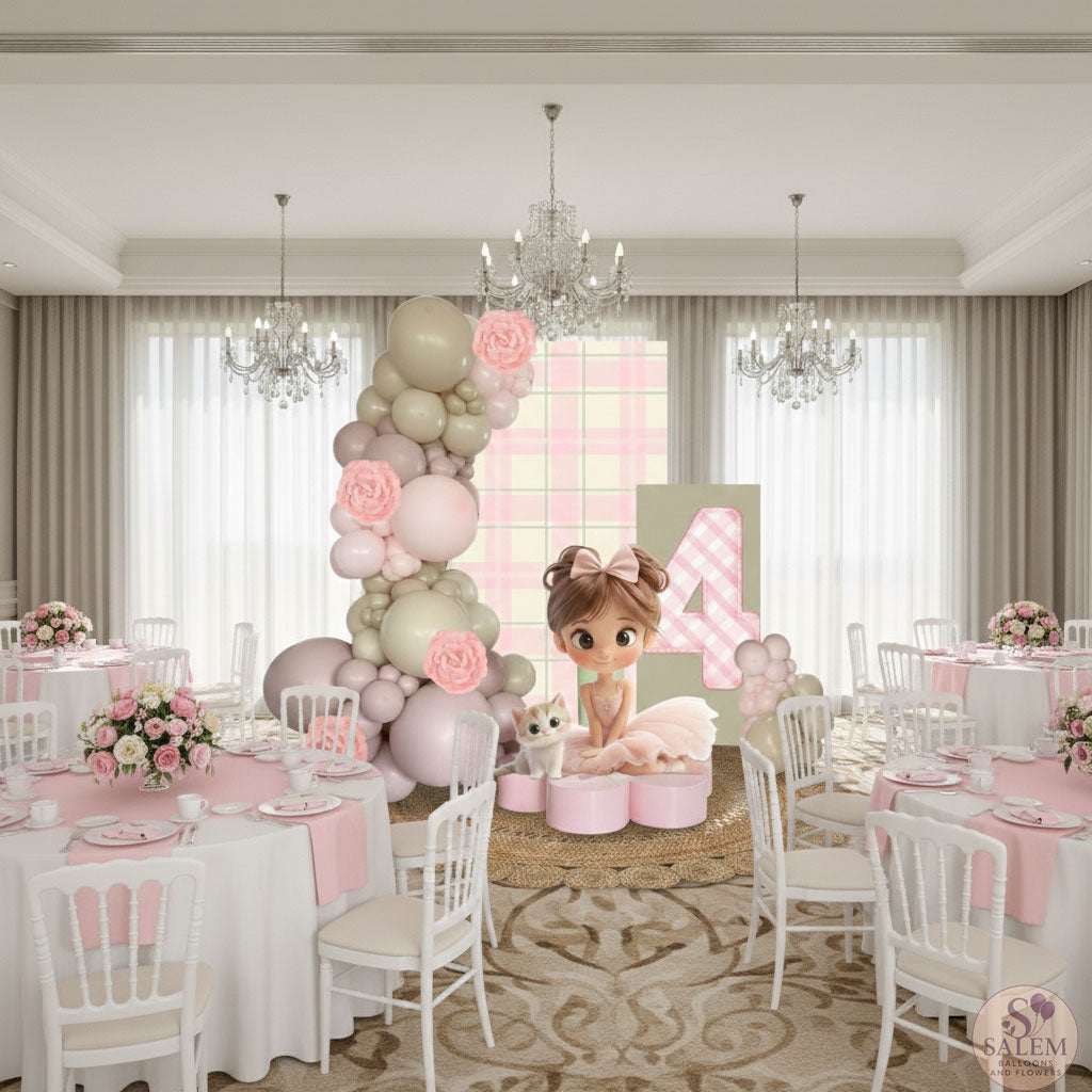 Decorated room with tables, chairs, and a ballerina themed balloon decor in pink, with 2 panels, the number 4 and flowers. Balloon decor Oregon.