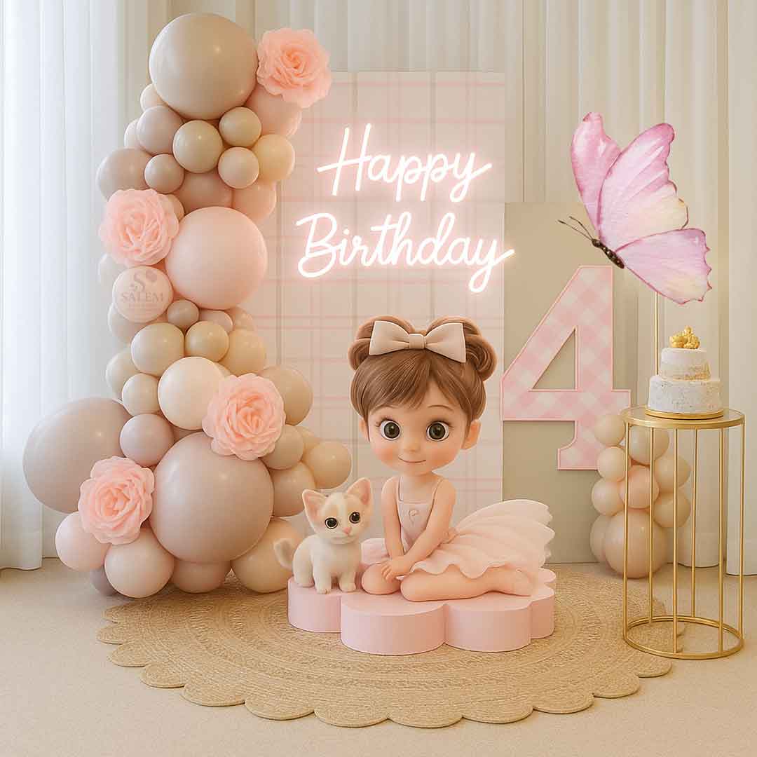 Ballerina themed balloon decoration in pastel pink color palette. 2 Panel decorated with balloon garlands, cake stand and number 4. Balloon Decor.Oregon.