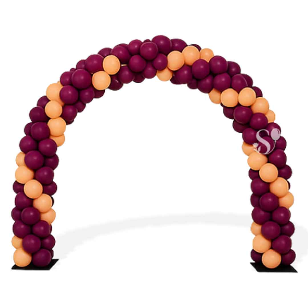 Balloon arch with purple and orange balloons on a white background. Available in Oregon.