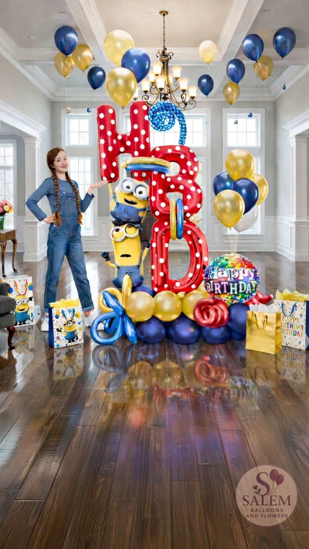 Birthday celebration with balloons, decorations, and a person in a living room. Balloon delivery Oregon