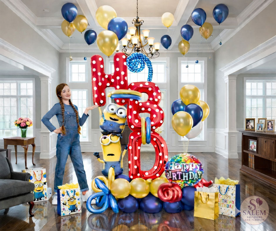 Birthday celebration with balloons, decorations, and a person in a living room. Balloon delivery Oregon