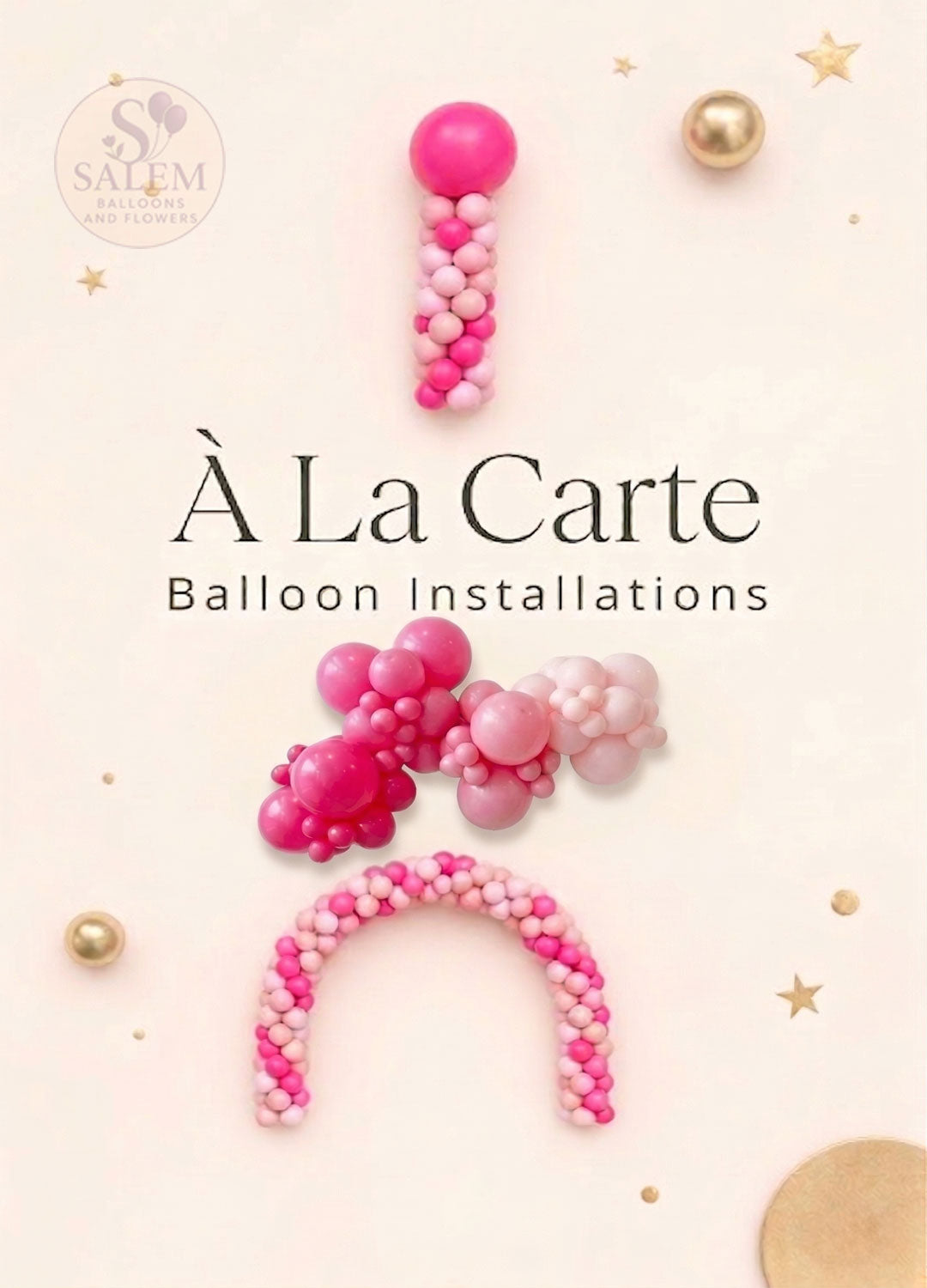 Pink balloon installations with 'À La Carte Balloon Installations' text on a light background. Balloon columns, balloon garlands, balloon arches. Oregon