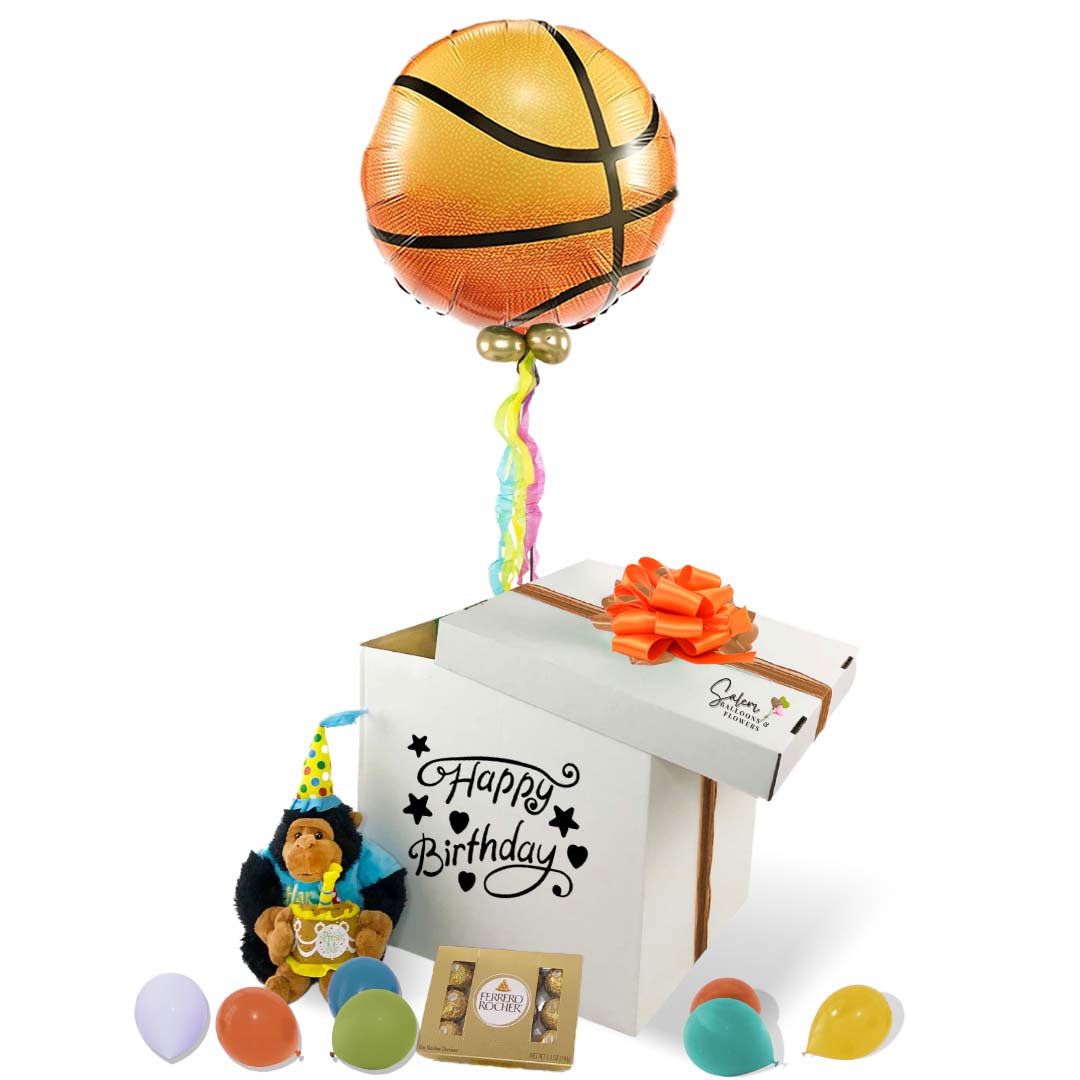 Surprise Balloon Box birthday gift. Lift the lid and let the happiness float up! A magical basketball balloon floats up as it reveals a cuddly musical plushy that plays a festive Happy Birthday tune and a box of delicious chocolates. Balloons Salem Oregon