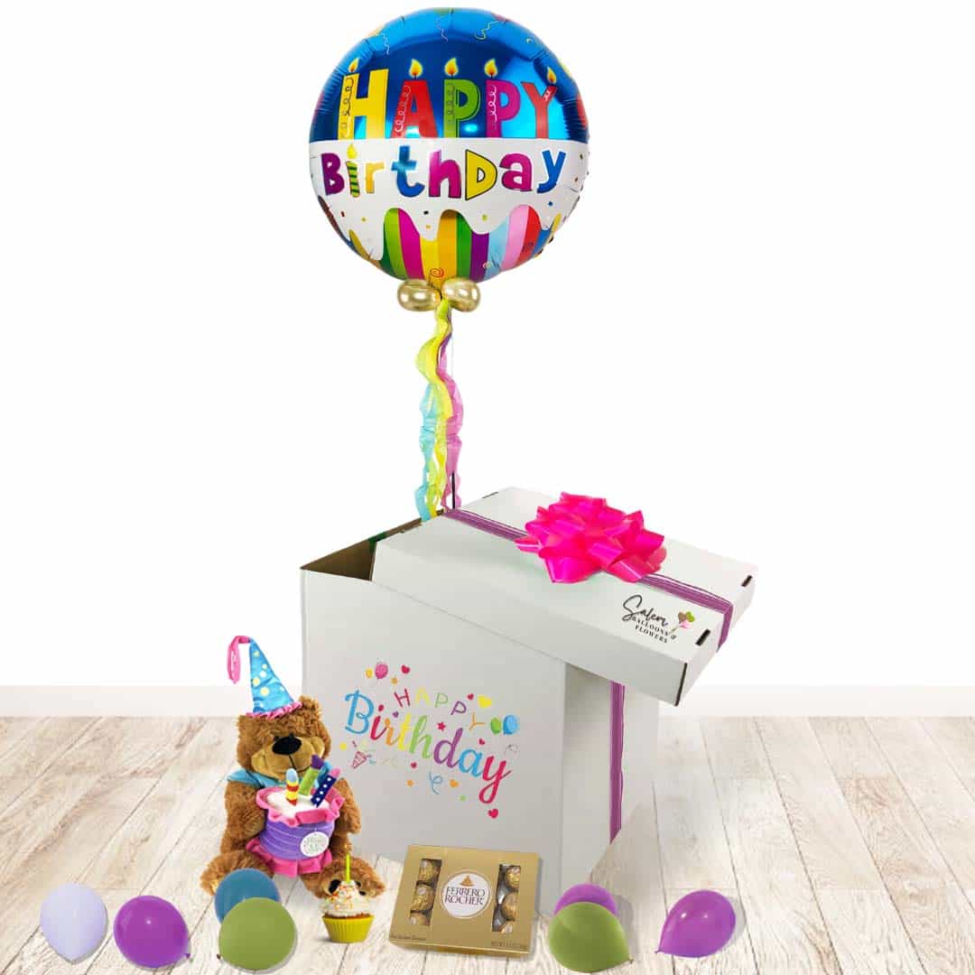 Surprise Balloon Box birthday gift. Lift the lid and let the happiness fly! A magical Happy Birthday helium balloon floats up as it reveals a cuddly musical plushy that plays a festive Happy Birthday tune and a box of delicious chocolates. Balloons Salem Oregon