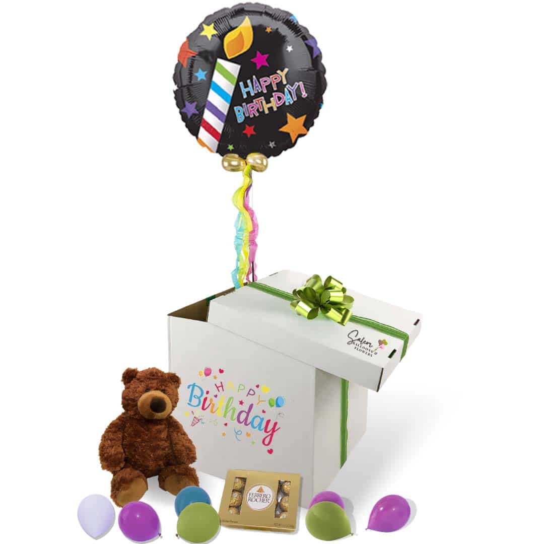 Surprise Balloon Box birthday gift. Lift the lid and let the happiness float up!  A magical basketball balloon floats up as it reveals a cuddly Bee plushy and a box of delicious chocolates. Balloons Salem Oregon