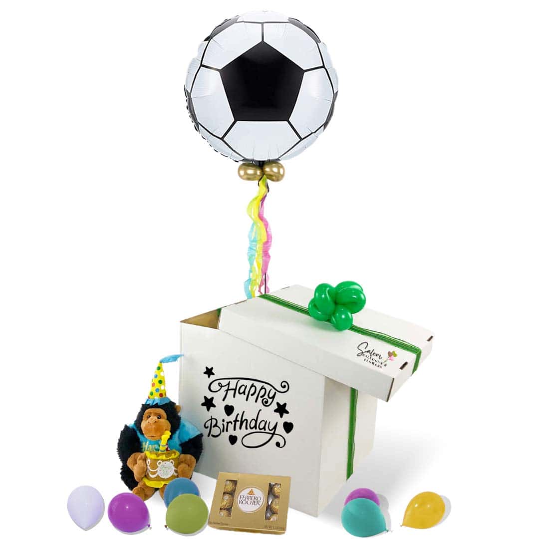 Surprise Balloon Box birthday gift. Lift the lid and let the happiness float up! A magical soccer ball balloon floats up as it reveals a cuddly musical plushy that plays a festive Happy Birthday tune and a box of delicious chocolates. Balloons Salem Oregon