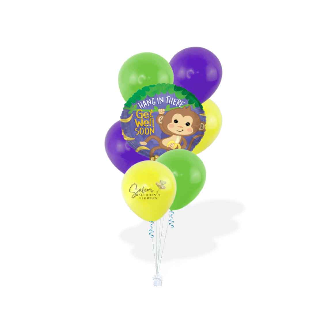 Get Well Soon Balloon bouquet Featuring  "Hang in there, get well soon"  messages in purple, green and yellow. Featuring a funny monkey hanging on a branch. Salem Oregon and nearby cities Balloon Delivery.