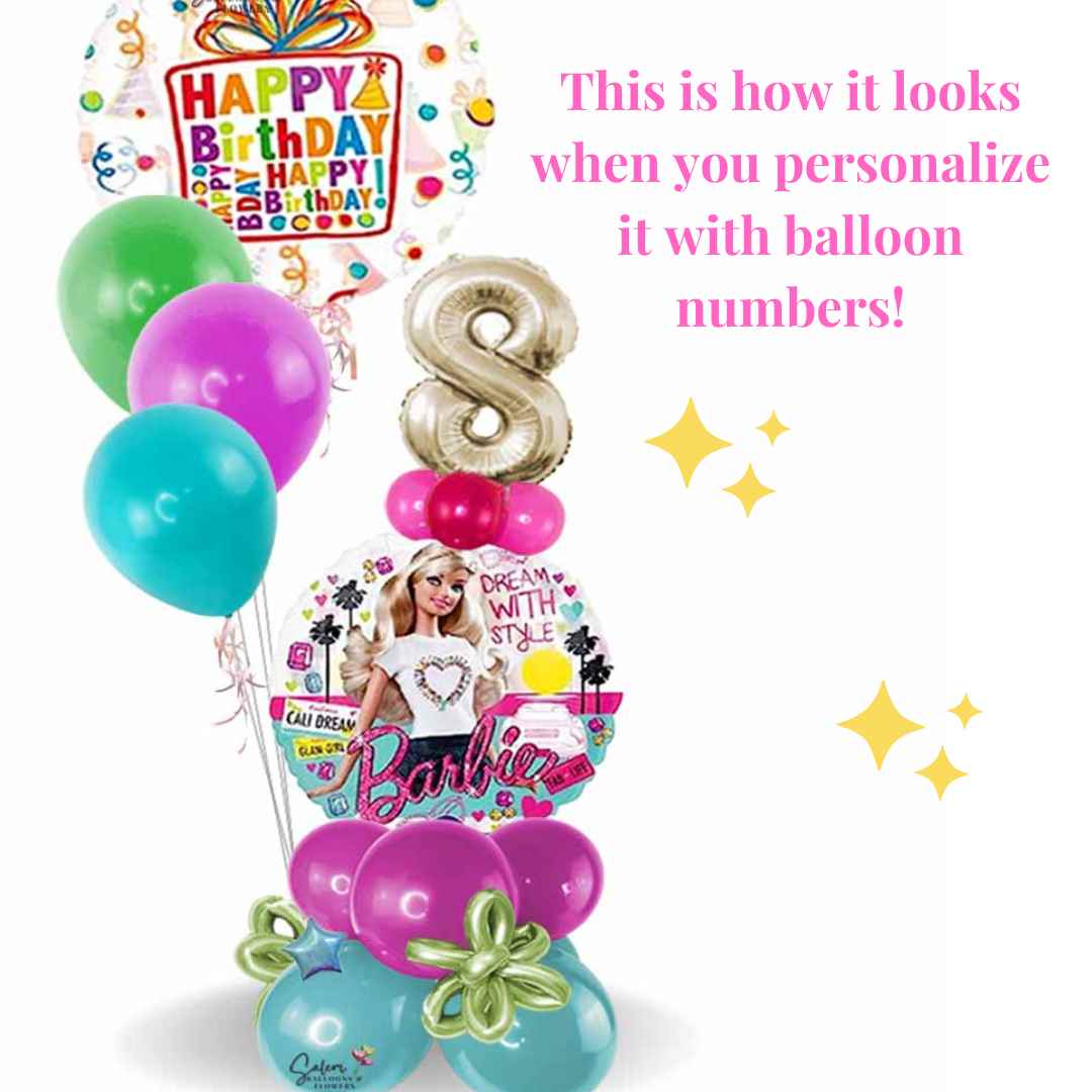 Barbie themed birthday balloon bouquet, with helium balloons in vibrant barbie pinks and blues with balloon numbers.- Balloons salem Oregon and nearby cities.