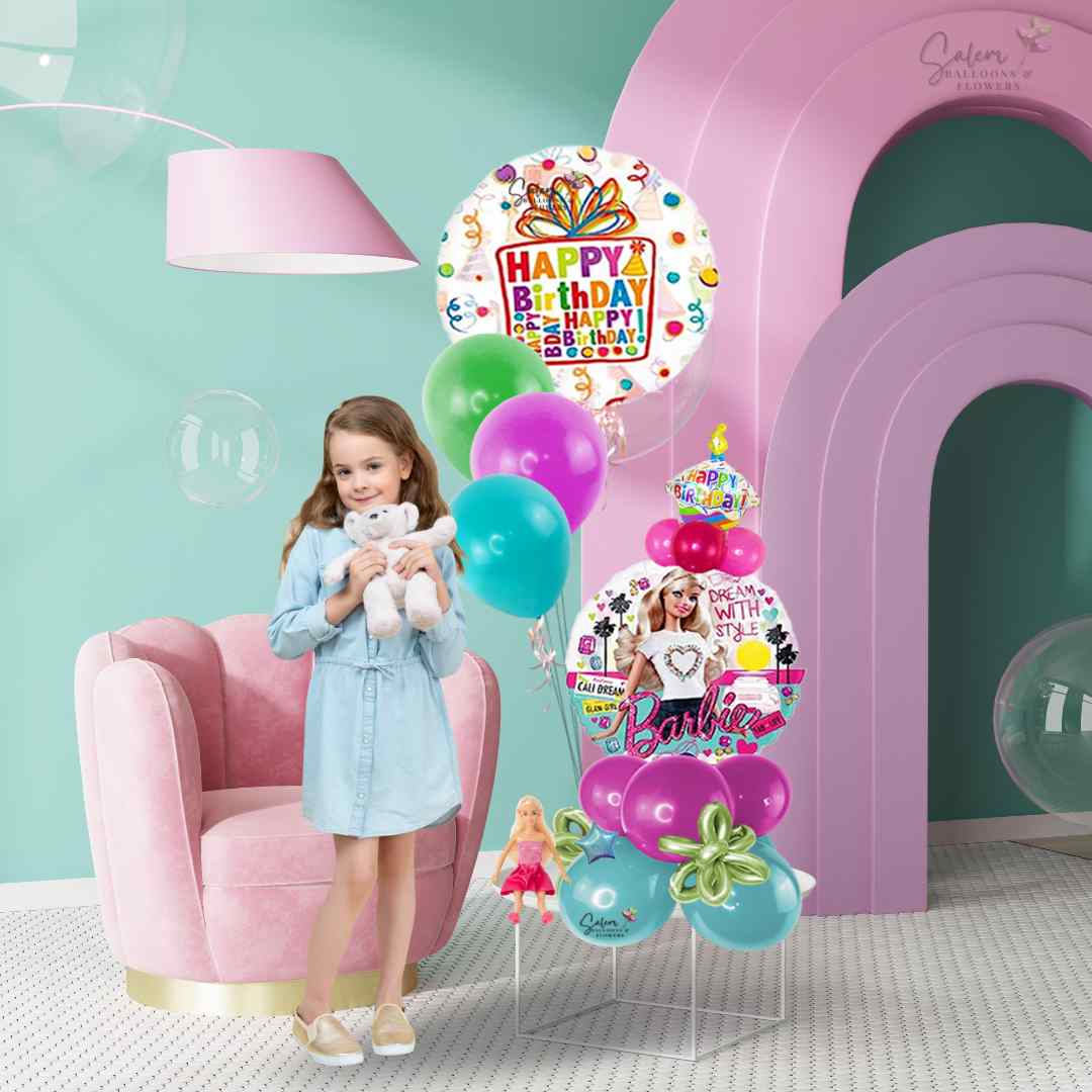 Barbie themed birthday Balloon bouquet. with helium balloons in pick colors. Showing a girl next to it. Balloon delivery in salem Oregon and nearby cities.
