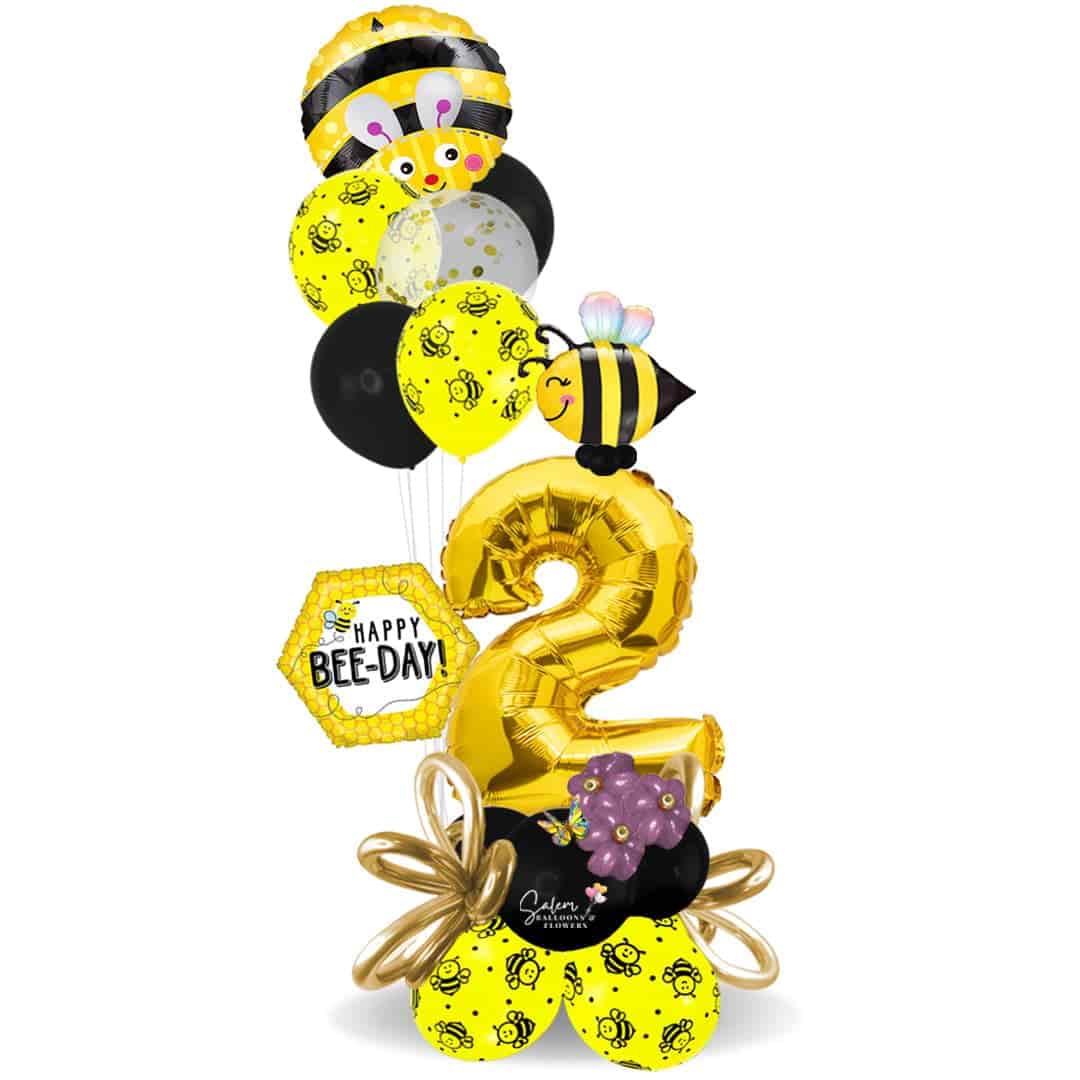 Happy birtday large gold numbers balloon bouquet. With a Bees theme. Deluxe style includes a set of helium balloons. Balloon delivery in Salem Oregon and nearby cities. Helium balloons Salem Oregon.