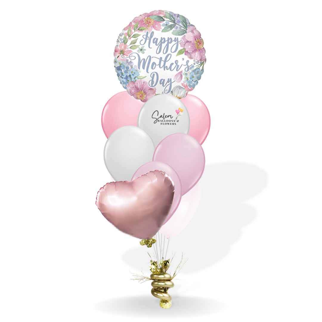 Mother's Day Balloon Bouquet in pastel colors and flower prints with a Happy Mother's Day message. Salem Oregon balloon delivery. 
