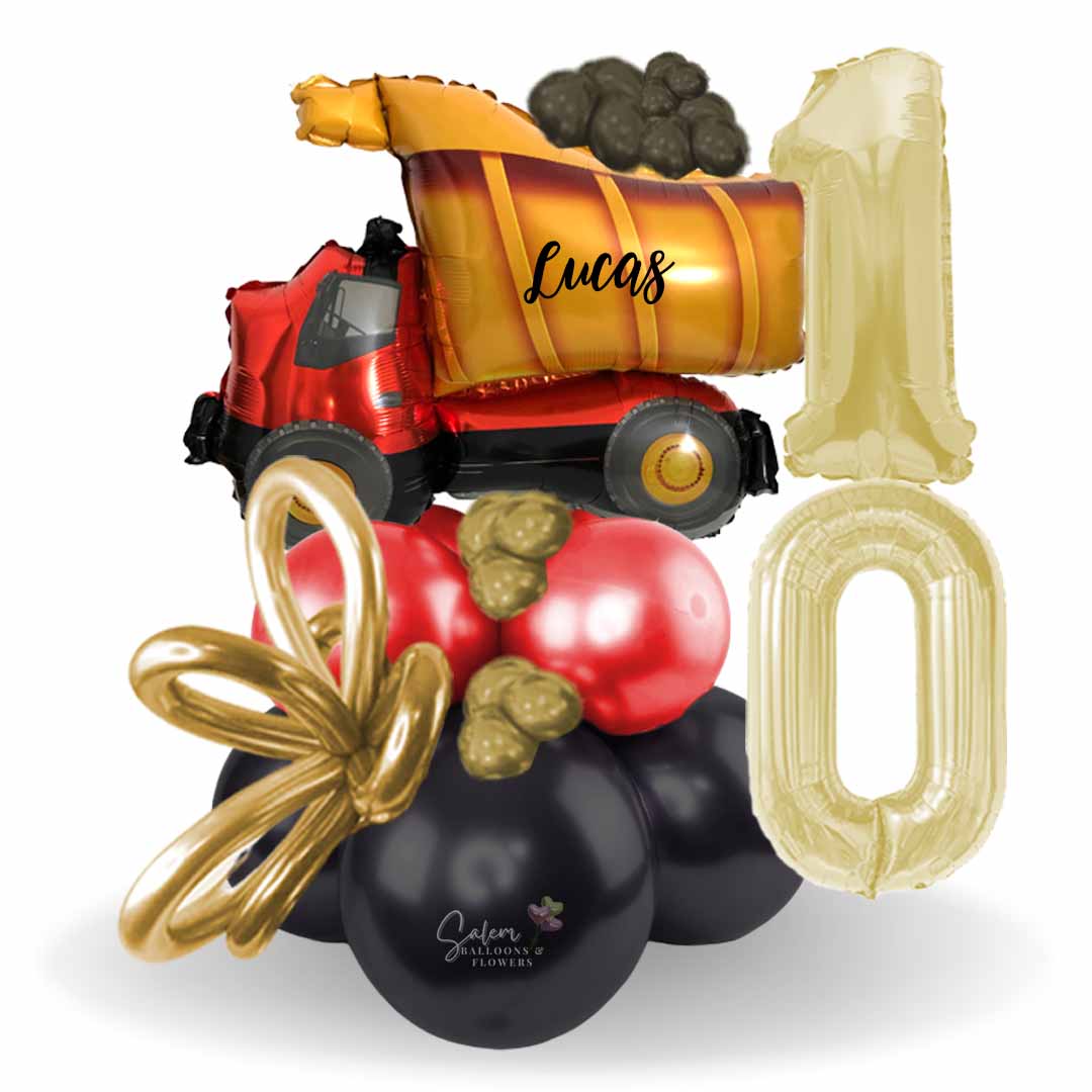 Balloon numers. Tonka truck inspired balloon bouquet. Featuring a balloon truck with a load of balloon coals and gold balloon numbers. Balloon delivery available in Salem Oregon and nearby cities.