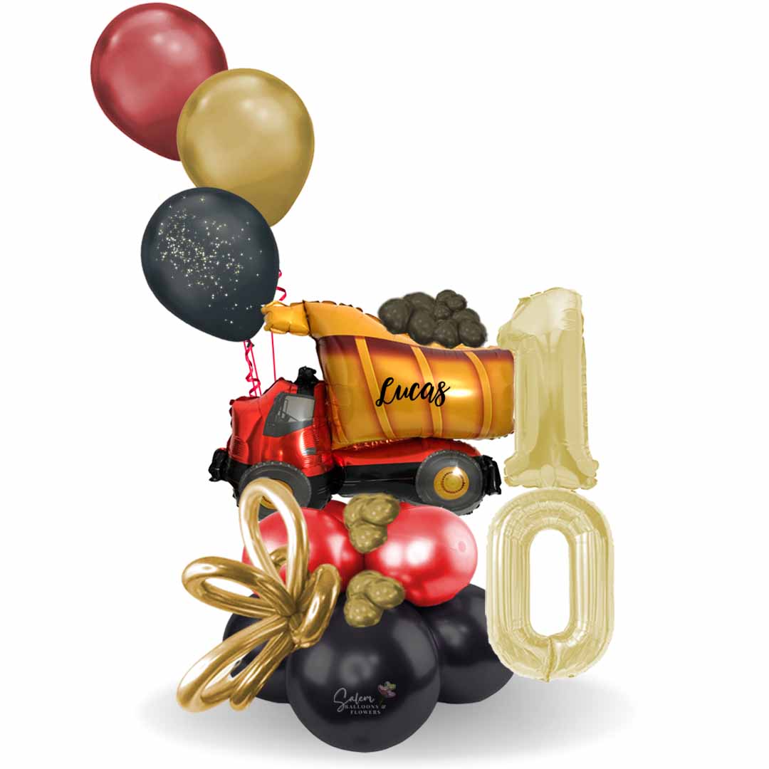 Balloon numers. Tonka truck inspired balloon bouquet. Featuring a balloon truck with a load of balloon coals and gold balloon numbers and helium balloons. Balloon delivery available in Salem Oregon and nearby cities.