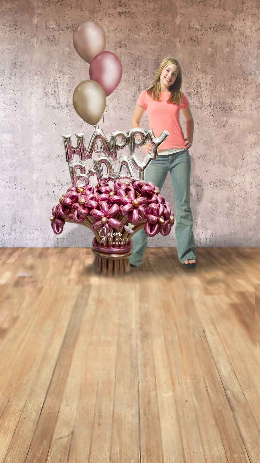 A young girl standing next to an extra large balloon flower bouquet with a Happy Birthday Mylar balloon and a set of helium balloons. Salem Oregon balloon delivery.