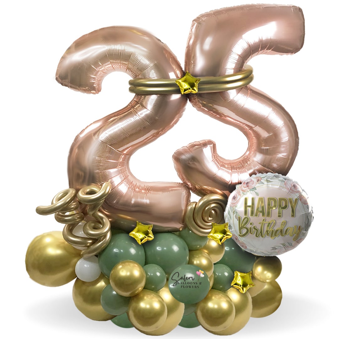 Rose gold number balloon bouquet, in olive green, gold and rose gold colors. 4ft tall approx. Salem Oregon Balloon delivery