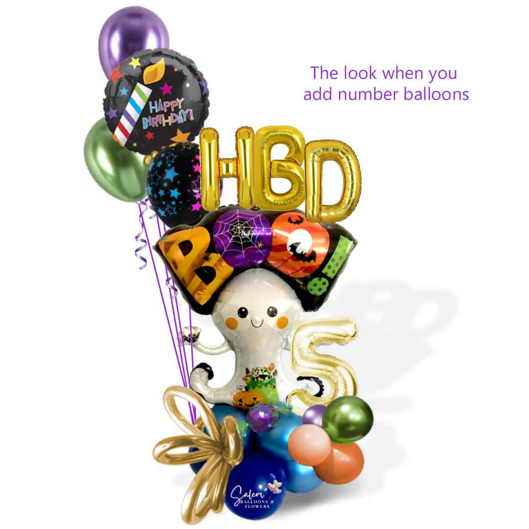 A Halloween-themed birthday bouquet featuring a large ghost balloon carrying an "HBD Boo" sign, floating over a colorful balloon cloud with a number balloon #5, and a bouquet of helium balloons. Balloon Salem Oregon.