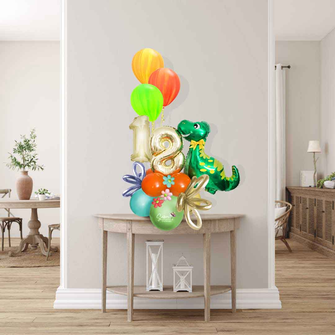 Dinosaur themed balloon bouquet with balloon numbers and a set of helium balloons Balloon delivery Salem Oregon and nearby cities. Size Chart.