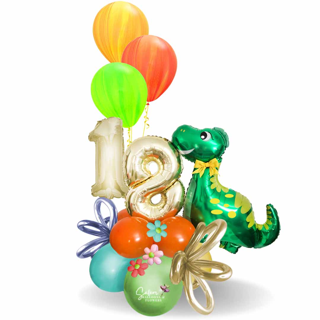 Dinosaur themed balloon bouquet with balloon numbers and a set of helium balloons Balloon delivery Salem Oregon and nearby cities.