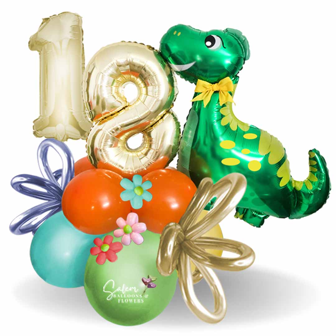Dinosaur themed balloon bouquet with balloon numbers. Balloon delivery Salem Oregon and nearby cities.