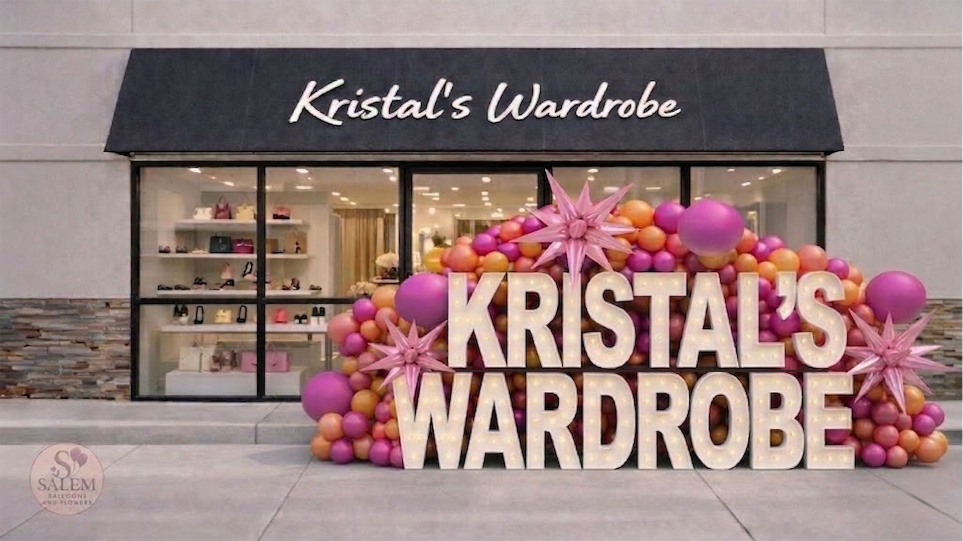 Storefront of Kristal's Wardrobe with decorative X-large Marquee letter display with balloons spelling Kristal's Wardrobe. Business storefront displays. Oregon.