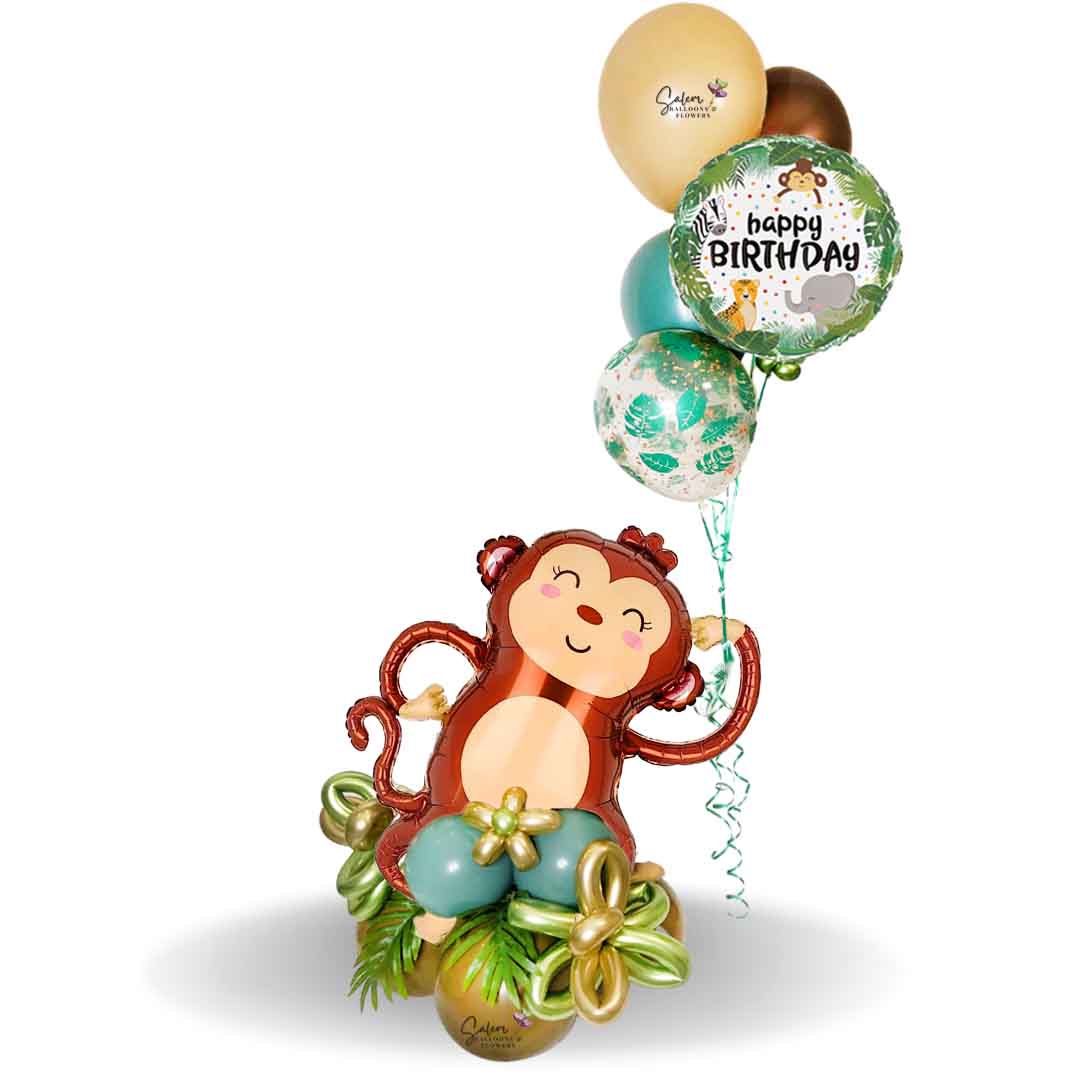 Safari themed Birthday balloons. Featuring a Monkey holdin helium balloons. Balloons Salem Oregon and nearby cities.