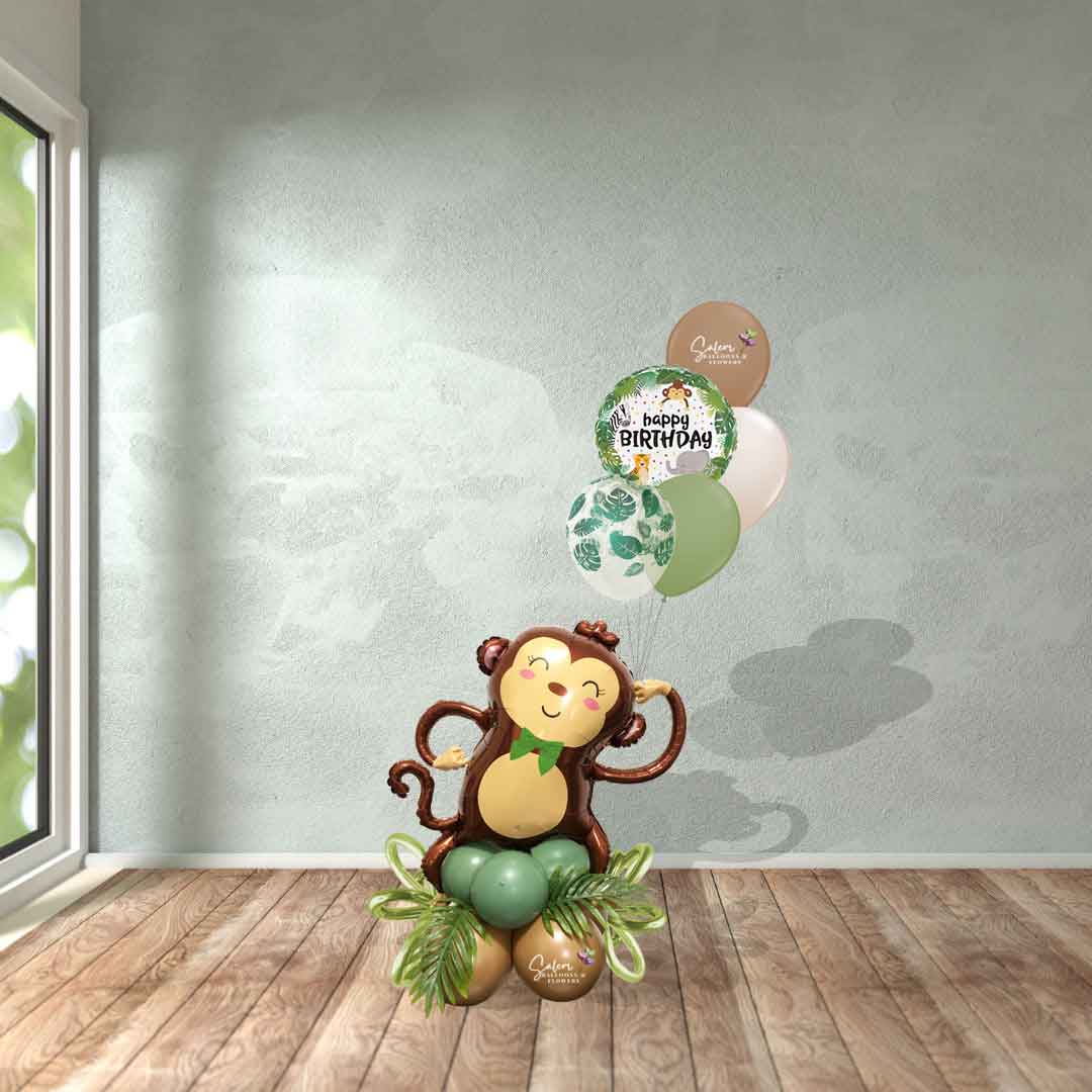 Safari themed Birthday balloons. Featuring a Monkey holdin helium balloons. Size chart. Balloons Salem Oregon and nearby cities.