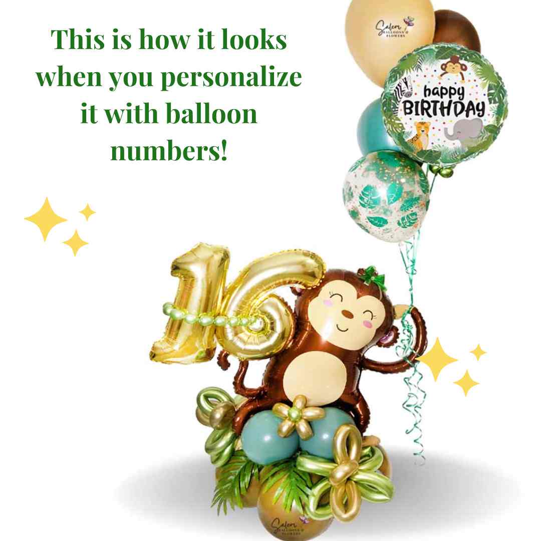 Safari themed Birthday balloons. Featuring a Monkey holdin helium balloons and number balloons. Balloons Salem Oregon and nearby cities.