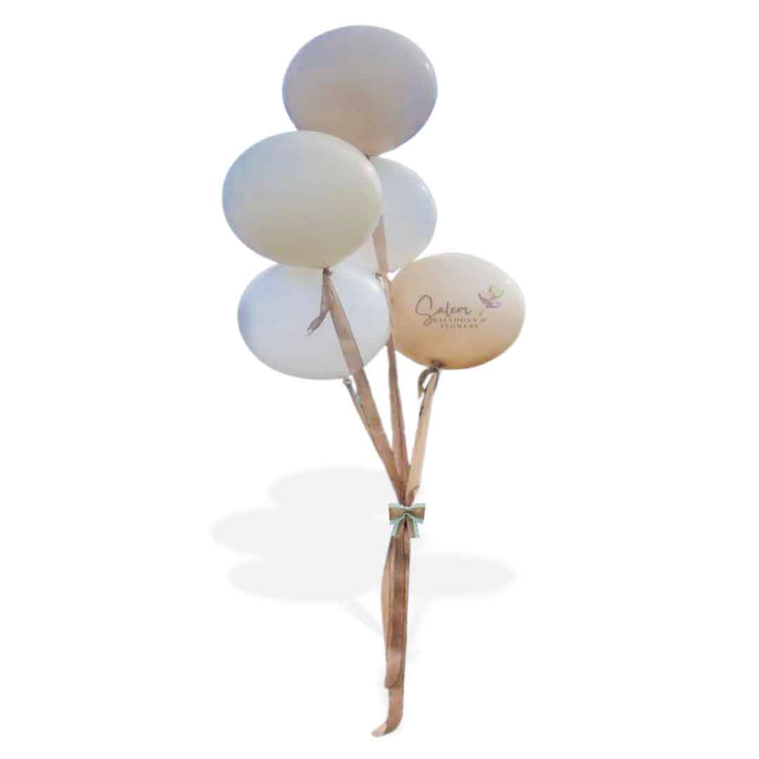 A set of Jumbo balloons  in beige, crean and white with jute ribbons. Oregon Balloon decor.