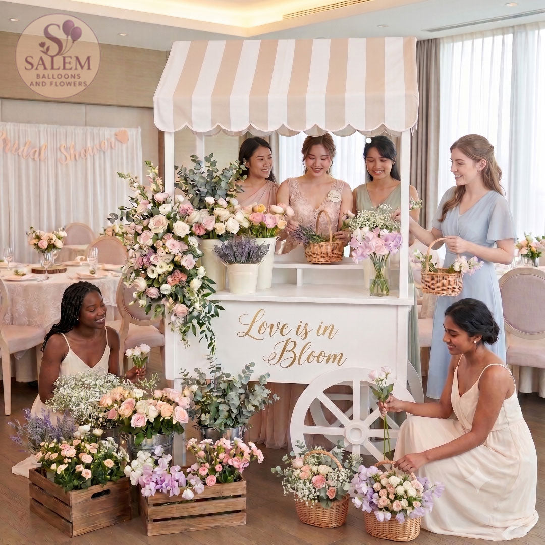 Elegant bridal shower signature styling cart decorated with fresh flowers, floral arrangements, and personalized décor by Salem Balloons & Flowers