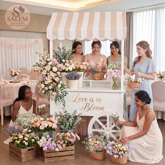 Elegant bridal shower signature styling cart decorated with fresh flowers, floral arrangements, and personalized décor by Salem Balloons & Flowers