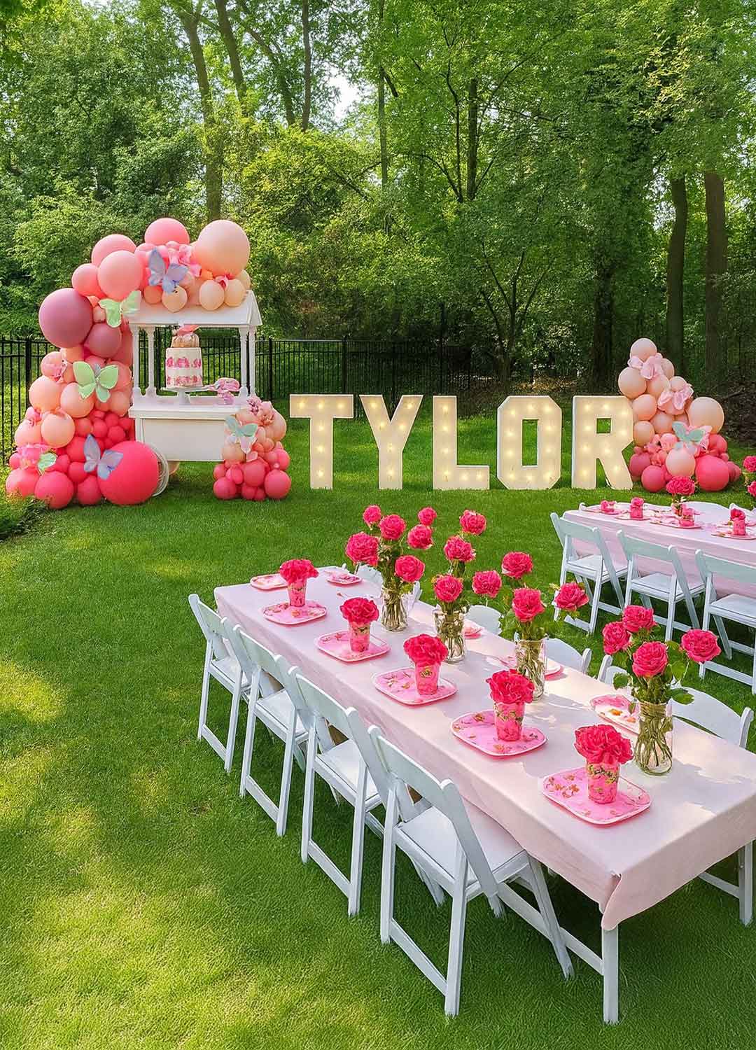 Outdoor birthday party setup with pink balloons, 'TYLOR' marquee letters and a white candy cart. ORegon