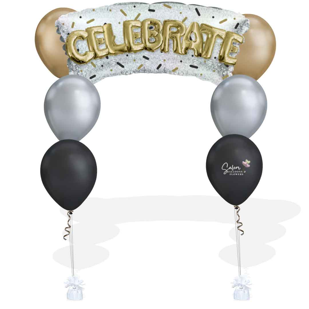 Celebrate balloons Presenting a luxurious combination of silver, gold and black balloons, plus a Celebrate balloon sign, all anchored to shimmering balloon weights. Congrats balloons Salem Oregon and nearby cities.