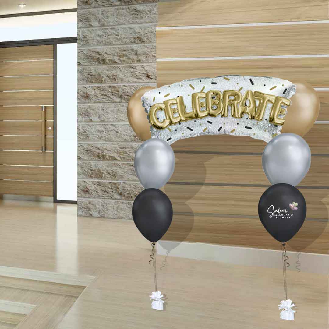 Size chart. Celebrate balloons Presenting a luxurious combination of silver, gold and black balloons, plus a Celebrate balloon sign, all anchored to shimmering balloon weights. Congrats balloons Salem Oregon and nearby cities.