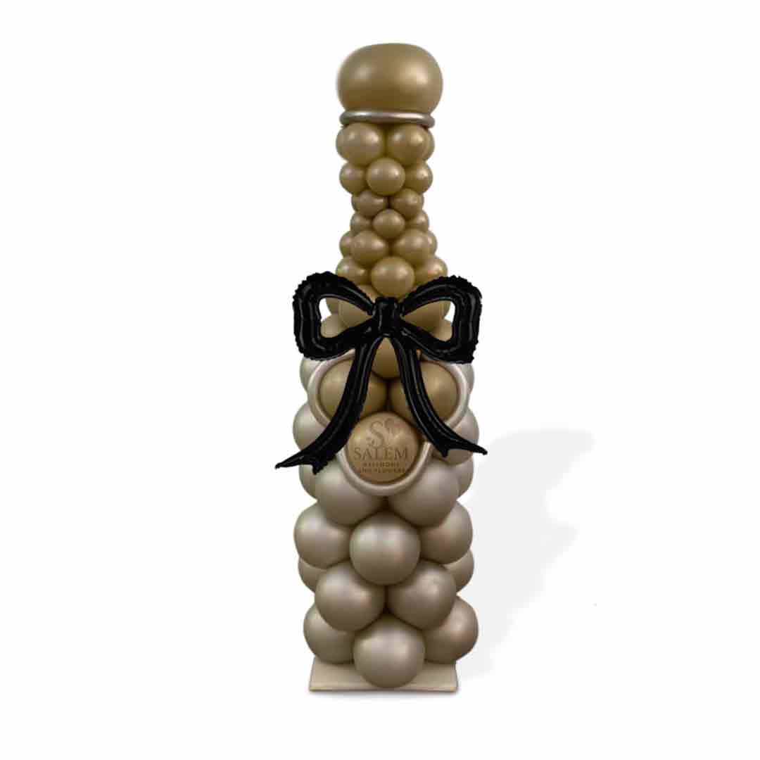 Decorative bottle-shaped balloon sculpture with a black bow and 'Salem' logo on a white background