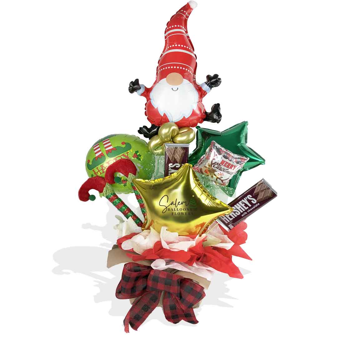 Christmas balloon bouquet with chocolates. Featuring a joyful Gnome Mylar balloon in a gift box filled with balloons and chocolates. Balloons Salem Oregon